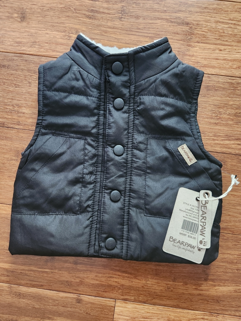 New Bearpaw Baby Black Puffer Vest With Pockets And Soft Lined Collar, 12 Months